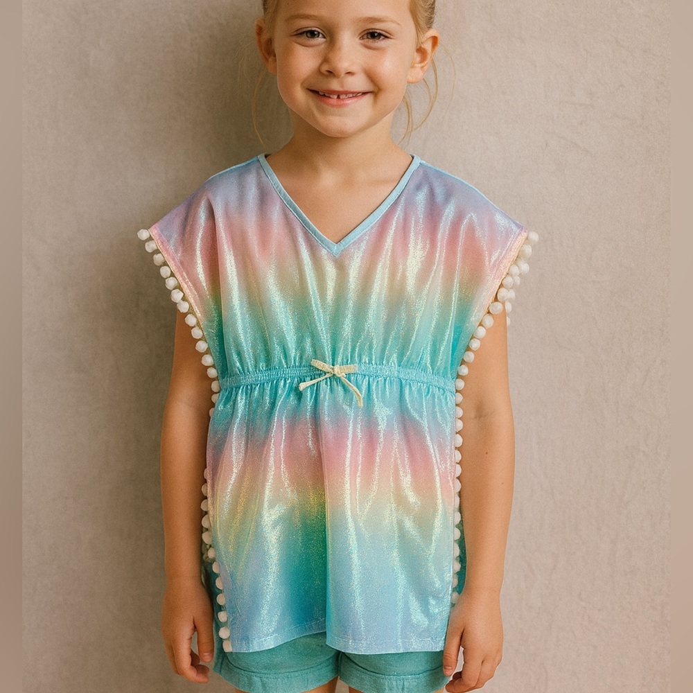 NWT Cat & Jack Pink Rainbow Pom-Pom Peplum Batwing Summer Top Size 6